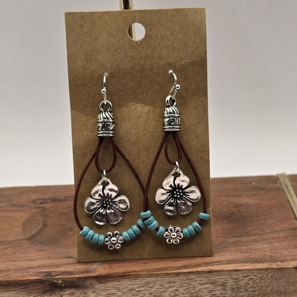 Silver Tone Turquoise Color Stones Floral Teardrop Earrings - Picture 3 of 4